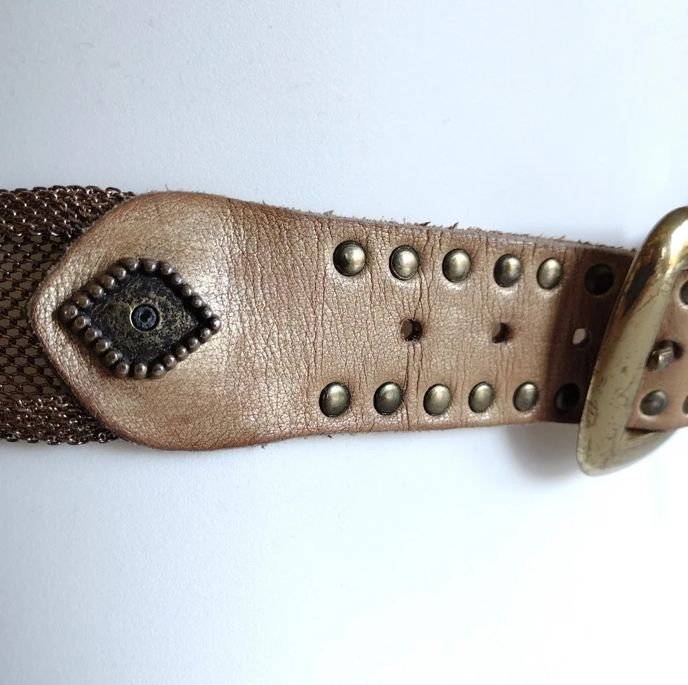 Sand Castle USA Metallic Leathers Solid Brass Buckle Mesh Belt Vintage